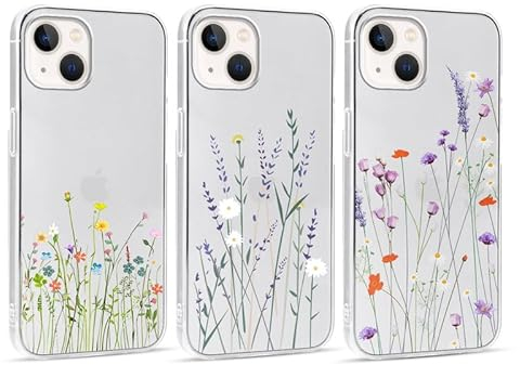 Foonary 3 Stück Transparent Hülle für Apple iPhone 15 6,1, Handyhülle mit Muster Mädchen Aesthetic Blumen Muster Motiv Design Slim Case, Silikon Stoßfest Schutzhülle Cover für iPhone 15, Blumen 05