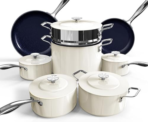 Nuwave Lux Batterie de cuisine légère forgée 13 pièces sans PFAS - Revêtement en céramique Duralon G10 sain - Ultra anti-adhésif - Poignées qui restent froides - Fonctionne sur toutes les tables de