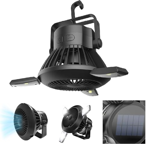 Ventilador solar de camping USB con luz LED, ventilador solar con batería de 4000 mAh, ventilador de camping para tienda de campaña, camping, pesca, coche, exterior