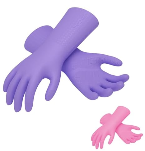 Vgo... 2 pairs Heavy Duty Cleaning Gloves Lined Nylon, Household Gloves Reuseable in TPE Latex Free, Thicker Antislip Washing Up Gloves for Kitchen Bathroom Gardening Painting, with Flower Flavor