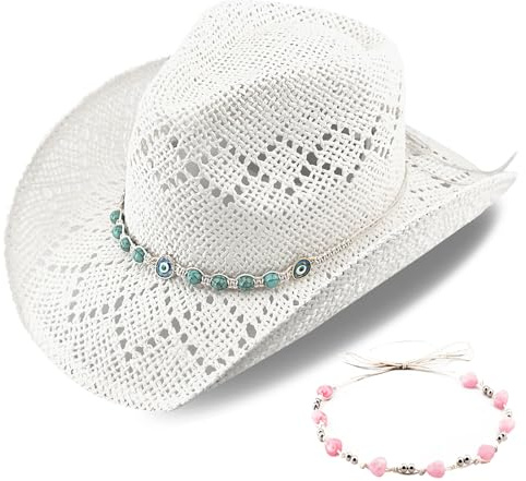 Chapeau de cowgirl western pour femme - Chapeau de cowboy en paille - Chapeau de soleil tissé - Deux bandes décoratives uniques, Pierre blanche, taille unique/XL