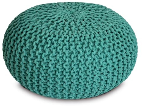 Amago home Strickhocker XXL Pouf Ø55 H37cm Bodenkissen Sitzpouf Baumwolle nachhaltig Farbe türkis