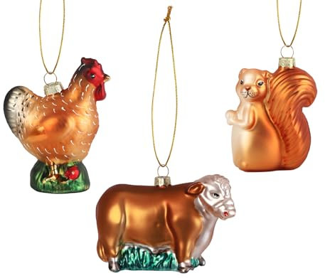 absolove 3X Handbemalte Christbaumschmuck Glas,Hochwertige Mundgeblasener Weihnachtsbaumschmuck aus Glas,10CM Tier Weihnachtsschmuck aus Echtem Glas,Lustige Weihnachtskugeln(Eichhörnchen,Kuh,Huhn)