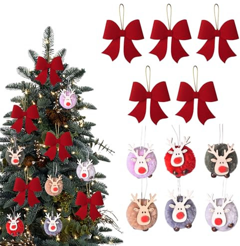 OMJMYY 11 Stück Weihnachtsbaum Anhänger,Weihnachtsanhänger Elch Deko,Christbaumschmuck Filz Holz,Weihnachtsschleifen Weihnachtsdeko Anhänger für Weihnachtsbaum Weihnachten Feiertag Party Deko