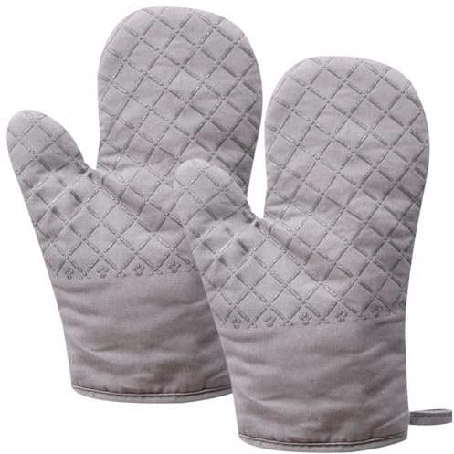 1 Pair Oven Gloves, Cotton Insulated Oven Mitt, Heat Resistant Silicone Shell Thickened Non-Slip Oven Mitt for Grilling/Cooking/Baking/Barbecue, Grey 17 * 27cm