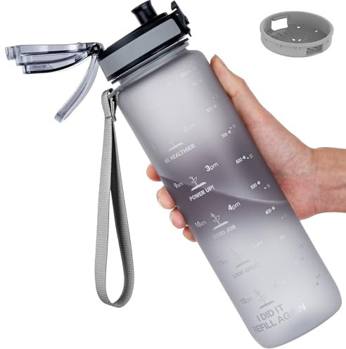 GOPPUS 1000ML/32OZ Tritan Water Bottle 1 Litre Leakproof Drink Bottle with Measurements Sport Bottles with Lockable Flip Top Motivational Bottles with Time Marks for School Adults Cycling Men Women