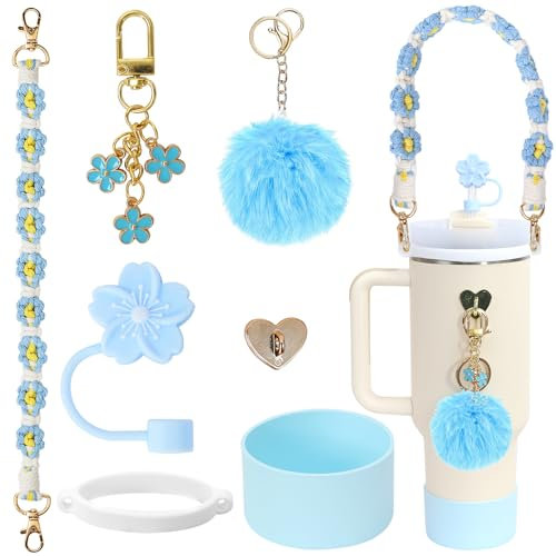 LACGO Stanley Cup Accessories Set of 7PCS Including Silicone Boot, Boho Woven Handle Strap, Straw Cover Cap, Stanley Charms for Stanley Cup 30/40oz Tumbler(Blue)