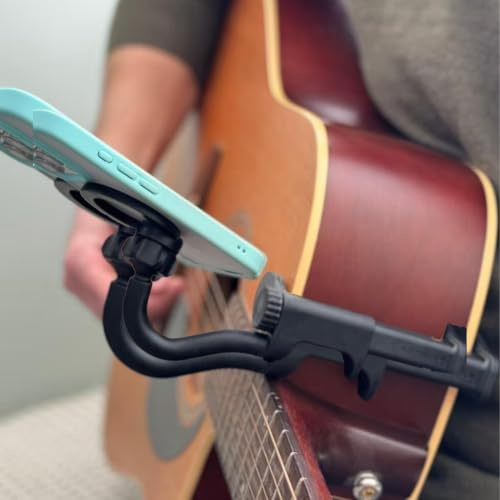 Roqalmia Supporto per telefono per chitarra e basso, regolabile a 360°, con base stabile, per chitarra, ukulele e smartphone