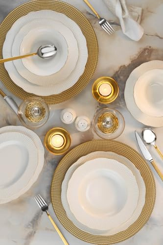 Élégant service à dîner 26 pièces, 100% porcelaine, blanc et doré | Comprend des assiettes de service, des assiettes profondes, des bols et des assiettes | Passe au lave-vaisselle et au micro-ondes