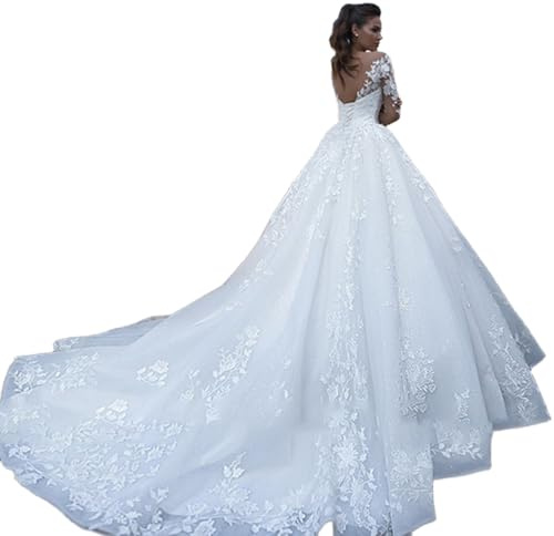 ZODICK Robe De Mariée De Luxe A-Ligne Blanc Dentelle Appliques À Manches Longues Vintage Élégant Robe De Mariée Personnalisé
