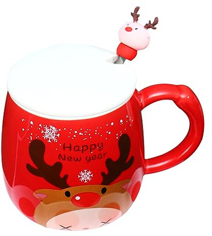 Ciieeo Large Christmas Themed Ceramic Elk Mug Red Xmas Cup Porcelain Hot Beverage Holder