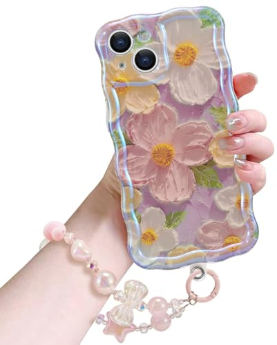 EYZUTAK Case for iPhone 14 with Bracelet Chain, Oil Painting Flower, Pink | Colorful Floral Case with Phone Charm, Curly Wave Edge Exquisite Cover, Stylish Durable TPU Protective Cover for Girls Women
