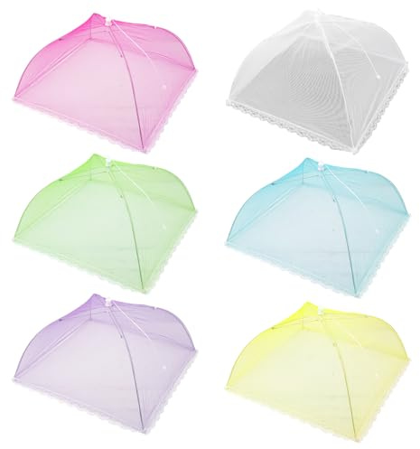 Lebensmittel-Abdeckungen, 6 Stück, satte Farben, Pop-Up-Abdeckungen, Lebensmittelschirmabdeckungen, faltbar, Obstkuchennetz, schützt Lebensmittelzelt für Outdoor, Picknick, Grillparty, 38 x 38 cm