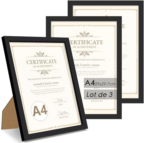 QPQIYIY Bilderrahmen A4 (21x29,7 cm) 3er set, Schwarz Rahmen A4 | 3er-Set MDF-Rahmen mit Acrylscheibe für DIN A4, zum Aufstellen oder Aufhängen, ideal für Fotos, Urkunden und Kunstdrucke.