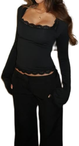 Women's Lace Trim Square Neck T Shirt Y2K Long Flare Cuff Sleeve Basic Tops Slim Fit Base Layer Blouse Shirts (Black, S)