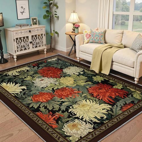 BYLEEHOMED Bunte Blumenteppiche waschbare Vintage-Chrysanthemenmuster rutschfeste fleckenbeständige weiche Teppiche für das Wohnzimmersofa 90x180cm