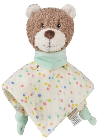 Sterntaler Schmusetuch S Bär BO aus weichem Flausch und Musselin mit weichen Entdecker-Knoten und Rassel, fördert Greifen und Tasten, 23 × 7 × 6 cm – Ecru