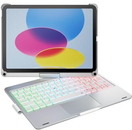 doqo Custodia con tastiera per iPad 10ª e 11ª generazione, girevole a 360°, wireless, retroilluminazione a 7 colori trackpad multi-touch. Custodia a foglio per iPad 11 A16 2025 e iPad 10,9 10ª 2022