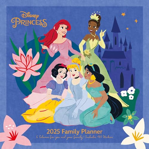Pyramid - Disney Princess 2025 Familienplaner, 30x30cm, Familienkalender für Disney Princess Fans, Planer mit 6 Terminspalten und Sticker Sheet, nachhaltig nur mit Papierumschlag