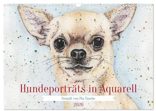Hundeporträts in Aquarell (Wandkalender 2026 DIN A3 quer), CALVENDO Monatskalender: Zwölf unterschiedliche Hunde - mit Aquarellbuntstiften gemalt - ... mit Farbspritzern verziert. (CALVENDO Tiere)