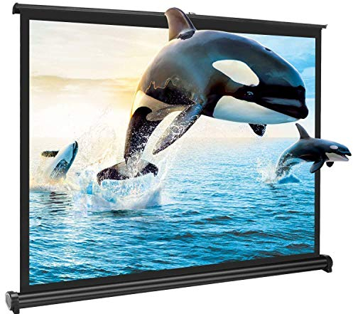 Yangers 50 inch portable aluminum projector screen with stand outdoor, retractable table desktop roll pull up for home cinema with foldable base support for outdoor travel office meeting