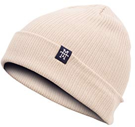 Manufaktur13 Double Sided Cotton Beanie - 2-in-1 Slouch/Cuffed Baumwoll-Beanie Mütze, Strickmütze mit Stick Veredelung aus 100% Organic Baumwolle in vielen Farben zur Auswahl (M13) (Beige)