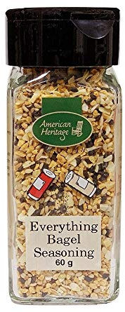 American Heritage Everything Bagel Seasoning, mezcla de especias con ajo tostado, cebolla, sésamo, semillas de amapola y sal marina de California, ideal para queso crema, sándwiches, carnes y más, 60g