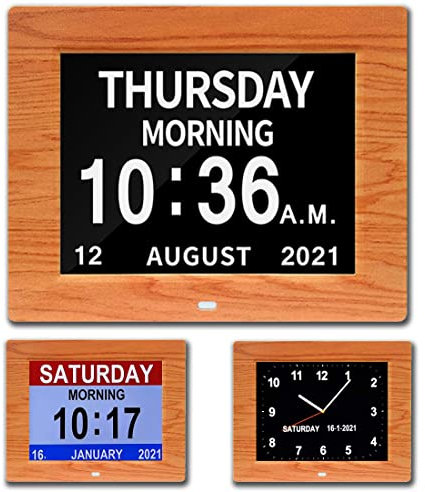 CAZOKASI 3 Displays 8inch Extra Large Impaired Vision Digital Calendar Clock with Non-Abbreviated Day & Month Alarm Clock Day Clock Photo Frame Auto Dimmable