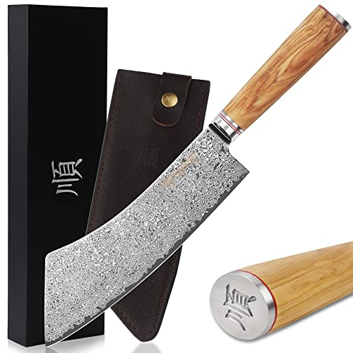 YOUSUNLONG Couteau à casser Couteau à trancher 9 pouces (22,86 cm) en acier damas martelé japonais VG10 - Trancheuse à viande, gril, viande hachée - Manche en bois d'olivier italien