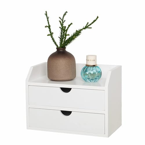 ROSE BLOOM Schreibtisch-Organizer aus weißem Holz mit 2 Schubladen, niedlicher Mini-Schrank mit Ablagefach für Tischplatte, kleine Schreibtischbox für Kosmetik, Bürobedarf