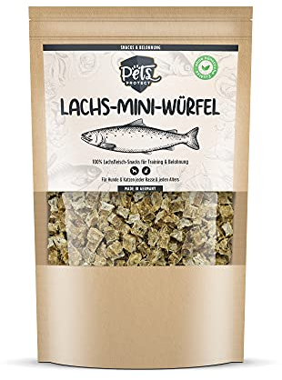 LACHS-MINI-WÜRFEL | 100% Lachsfleisch Leckerlis für Hunde & Katzen | Keine künstlichen Zusätze | Reich an Omega-3 Fettsäuren | Getrocknet | Ohne Fischmehl | Getreidefrei | 150g | Deutsche Herstellung
