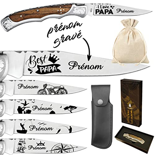 Couteau Marque Laguiole Bougna personnalisé avec dessin et prénom gravé - Cadeau pour homme : fête des pères, papa, tonton, grands pères (papi, papy) anniversaire, noël burl (Couteau)