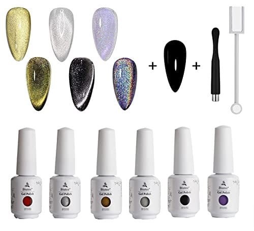 Biutee Holographic Glitter 9D Cat Eye Gel Nail Polish Kit - Magnetic and Black Color Gel Soak Off UV Gel Nail Art Varnish for Home DIY Salon