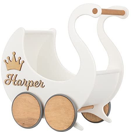Puppenwagen ab 1 Jahr - Individuell mit Namen - Handgefertigter Puppenwagen - Holzpuppenwagen - Sicher Abgerundete Kanten - Ausdrucksstarke und Schöne Farben (Weiß)