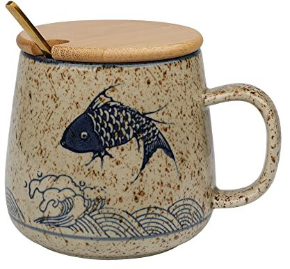 HLZK Tasse à café japonaise rétro en céramique émaillée avec cuillère et couvercle, tasse à thé en argile à changement de four, cadeau créatif pour amis/amoureux (carpe)