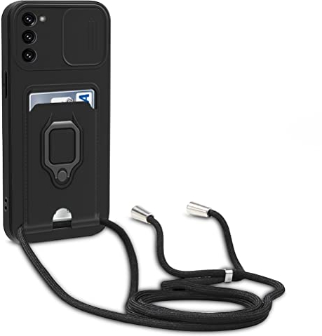 yanasuo Schiebe Kameraschutz Silikon Handykette Hülle kompatibel mit Samsung Galaxy S20 FE 5G /4G, Metall Ring Halter Handy Cover,Verstellbarer Halskette Handyhülle-Schwarz