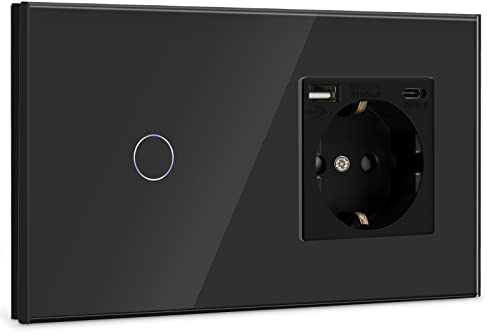 BSEED Touch Lichtschalter mit USB Steckdose Anschluss (Max. 2.1A) Typ C Port 1 Fach 1 Weg Wandschalter mit USB Steckdose Unterputz Lichtschalter mit Glasrahmen Schwarz (Nicht Smart Schalter)