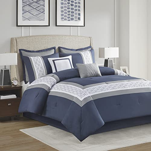 510 DESIGN Powell Cozy Comforter Set, Hotel Style Border Design with Geometric Embroidery Details, All Season Bedding with Matching Sham, Decorative Pillow, Bedskirt, Queen(90x90) Navy 8 Piece