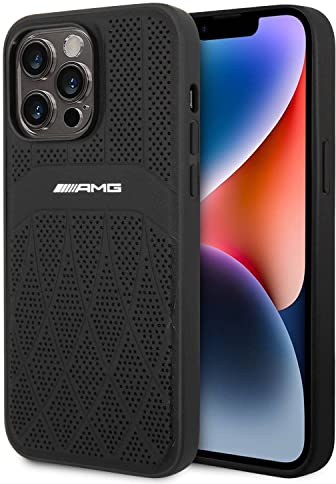 CG MOBILE AMG Schutzhülle aus echtem Leder, kompatibel mit Magsafe, perforiertem Leder und geschwungenen Linien, Stoßstangenschutz, Kratzfest, kompatibel mit iPhone 14 Pro 6,1 Zoll