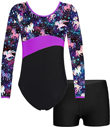 iEFiEL Mädchen Einhörner Turnanzug Langarm Glänzend Gymnastik Kleidung Set Muster Ballett Trikotanzug Tanzkostüme Langarmbody mit Shorts Ub Schwarz + Lila 110-116