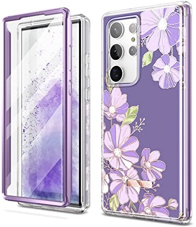 SURITCH Kompatibel mit Samsung Galaxy S23 Ultra Hülle Blumenmuster Handyhülle mit Integriertem Displayschutz 360 Grad Komplettschutz Schutzhülle für Samsung Galaxy S23 Ultra (Lila Kosmos)