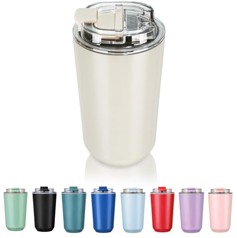 Puraville Insulated Tumblers with Lid, 14 oz Travel Coffee Mug Stainless Steel Vacuum Thermos Cup, 10/14 oz Leak Proof Reusable Double Walled Coffee Tumbler for Iced and Hot Drinks,Cream