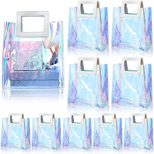 LATERN 10 Pezzi Sacchetti Regalo Iridescenti con Manico in Pelle, 21CM x 20CM x 10CM Borse Tote in PVC Riutilizzabili Borse Avvolgenti Olografiche per Shopping Chicche Boutique Nozze Compleann Partito