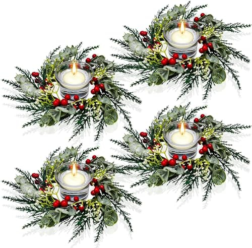 LATERN 4 Stück Weihnachts Kerzenringe, 20CM Künstlicher Roten Beeren Kranz Verschneiten Kiefernnadeln Kerzenring für Säulen Rustikal Hochzeit Kernstück Haustür Weihnachten Tisch Dekoration