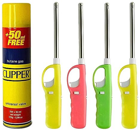 BML 4 x BBQ Lighter with 1 Clipper Butan Gas Refill Bottle | Refillable Safety Gas Lighter Perfect for BBQ, Candles, Camping and Outdoor Cooking