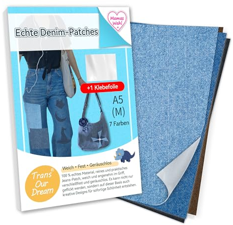 TransOurDream Hochwertige Qualität Jean-Flicken zum Aufbügeln für Innen und Außen 100% Denim Verschiedene Blautöne Khaki,weiss und schwarz Reparatur-Dekorationsset 7 Stück Größe M (A5) (D-MixM-7)
