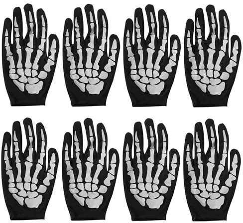 SKHAOVS 4 Paar Skelett Handschuhe Schwarz,Halloween-Skelett-Handschuhe,Schädel Geist Handschuhe Skelett,Skelett Handschuhe Zubehör,Skelett Hände Halloween Zubehör für Cosplay Halloween (Schwarz)