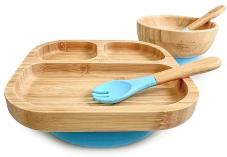 Althea Living - Vajilla de bambú para bebé, plato harvard rectángular y bol extra grande con ventosa, cuchara y tenedor de silicona - Azul Capri