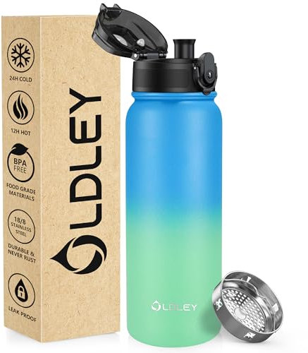 OLDLEY Borraccia in Acciaio Inossidabile 600ml/20oz Sottovuoto a Doppia Parete Mantiene le Bevande Calde e Fredde a Tenuta Stagna Senza BPA Borraccia Isolata in Metallo per Sport, Lavoro (Blu Verde)