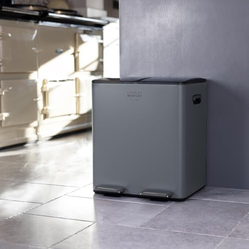 CHARLES BENTLEY Kitchen Bin, 30 Litre, Double Compartment, Grey, Kitchen Bin, Rubbish Bin, Waste Bin, Pedal Bin, Double Bin, Recycling Bins for Kitchen, Pedal Function, Soft Close Lid (47.5x41x38.5cm)